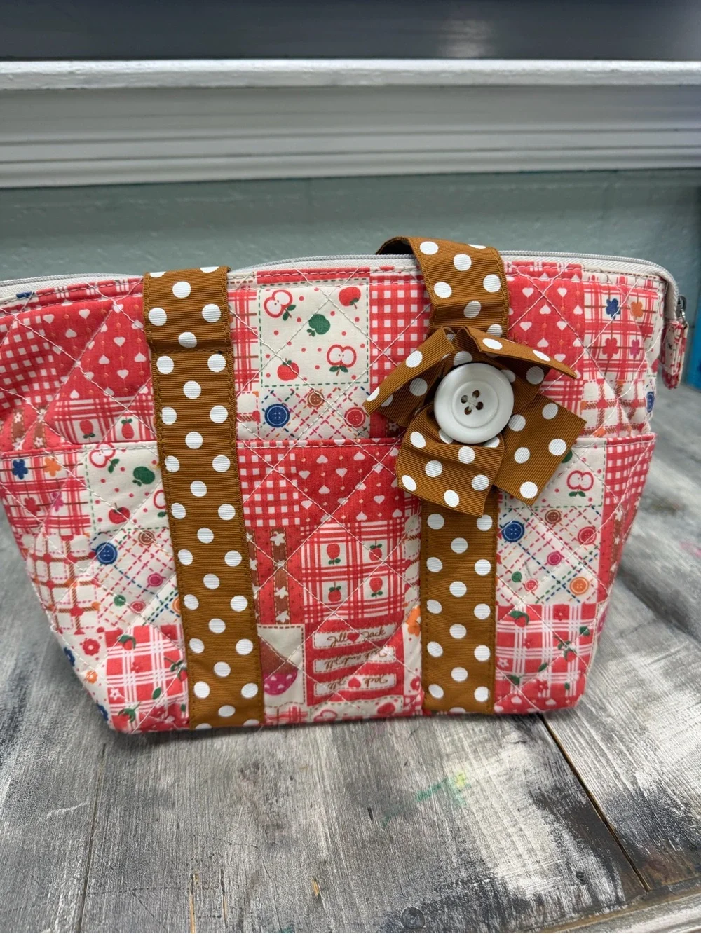 Red Patchwork Western Boho Tote with‎ Brown Polka-Dot Handles